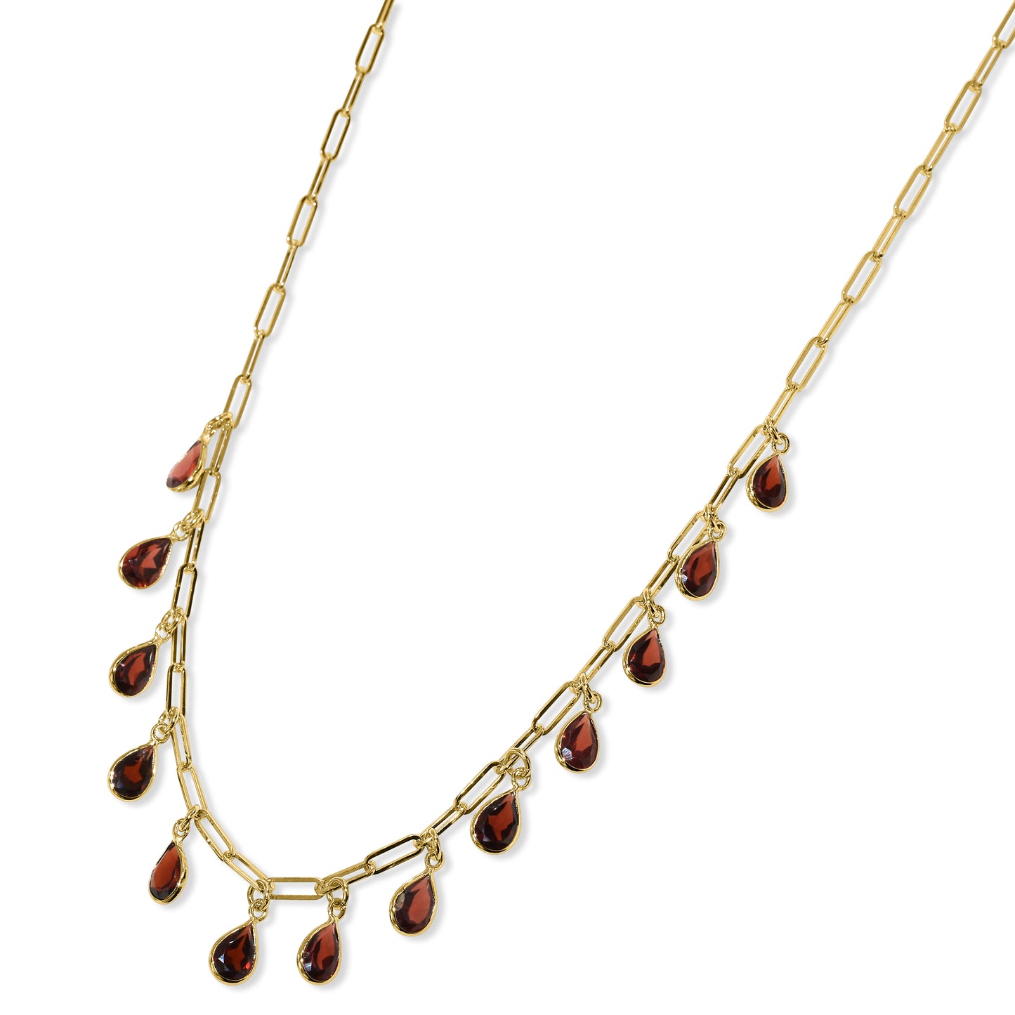 14k Garnet 13 Pear Drop Paperclip Necklace