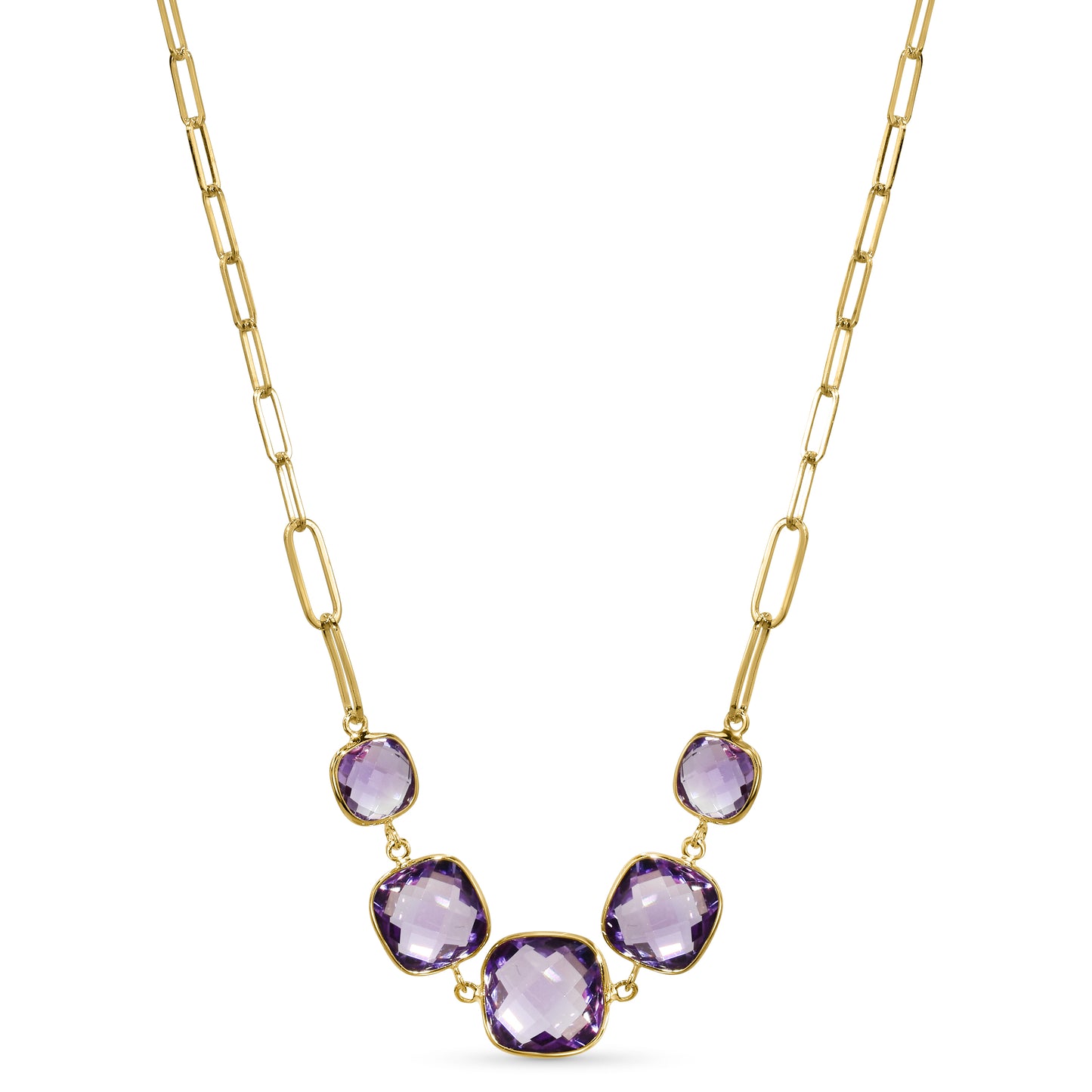 14k Amethyst 5 Cushion Paperclip Necklace