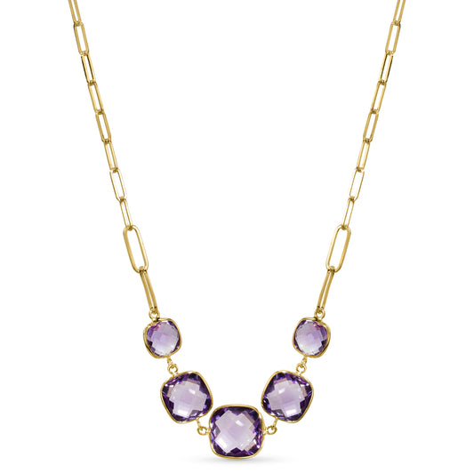 14k Amethyst 5 Cushion Paperclip Necklace