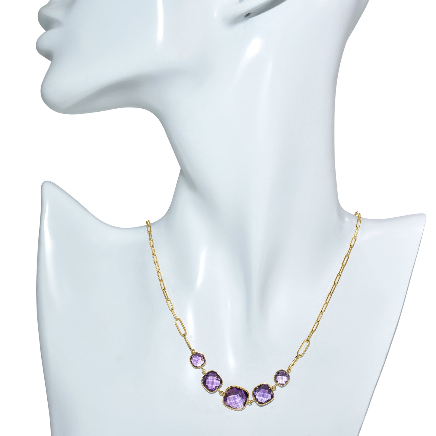 14k Amethyst 5 Cushion Paperclip Necklace