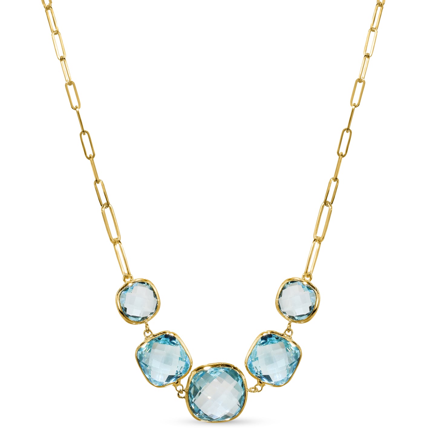 14k Blue Topaz 5 Cushion Paperclip Necklace