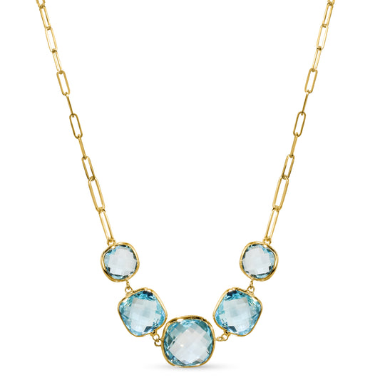 14k Blue Topaz 5 Cushion Paperclip Necklace