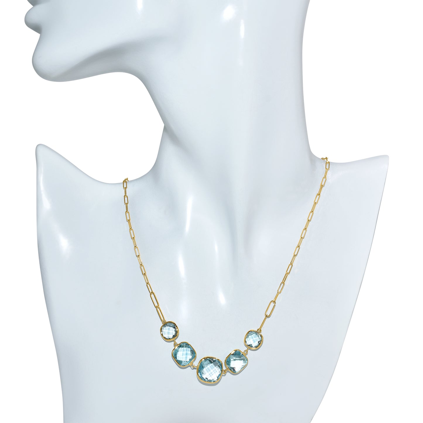 14k Blue Topaz 5 Cushion Paperclip Necklace