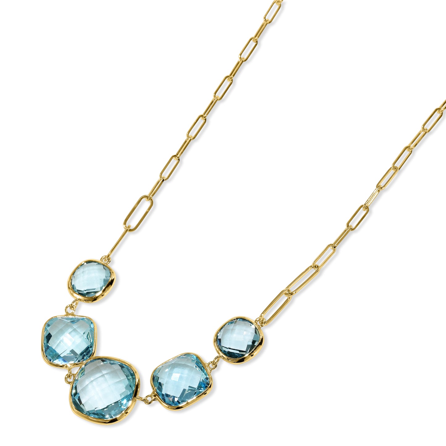 14k Blue Topaz 5 Cushion Paperclip Necklace