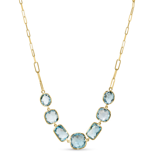 14k Blue Topaz Mixed Shape Bezel Paperclip Necklace