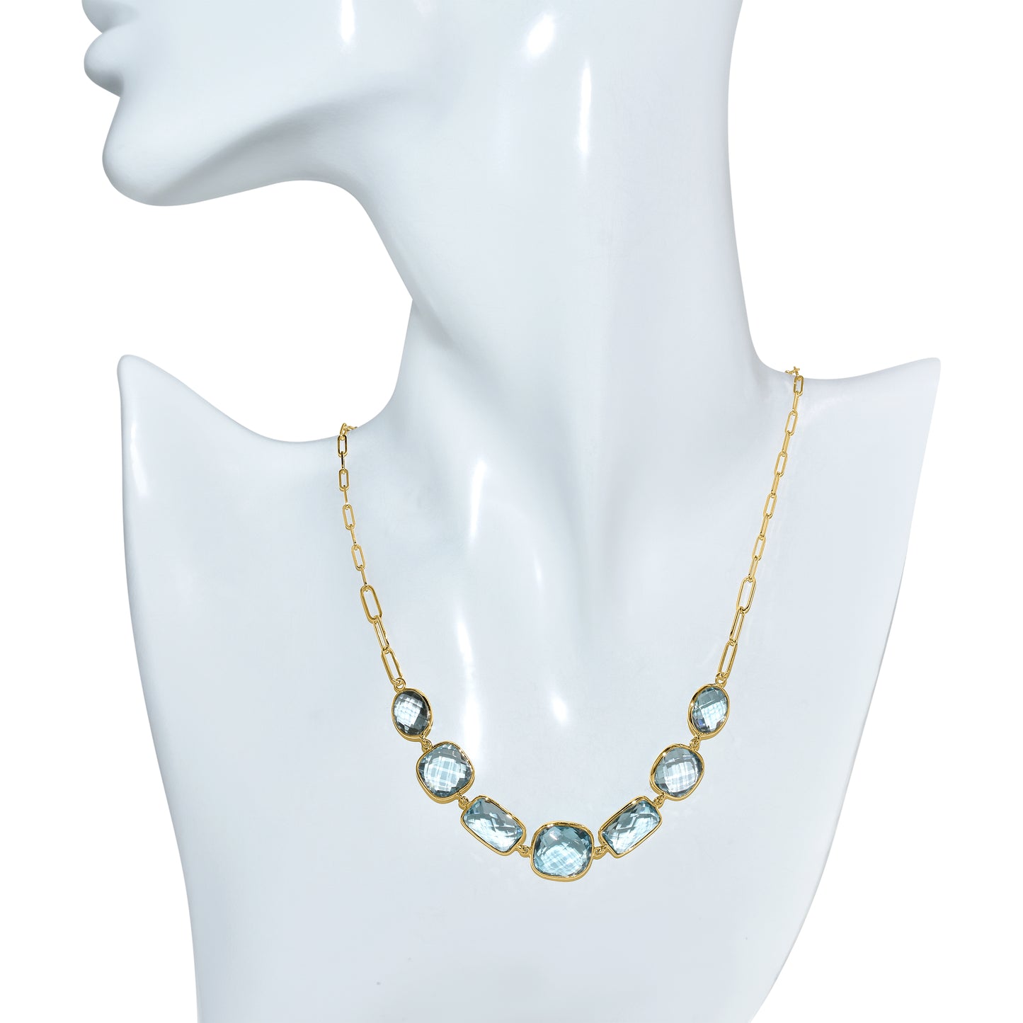 14k Blue Topaz Mixed Shape Bezel Paperclip Necklace