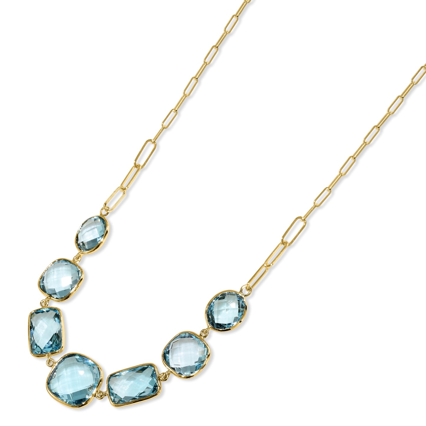 14k Blue Topaz Mixed Shape Bezel Paperclip Necklace