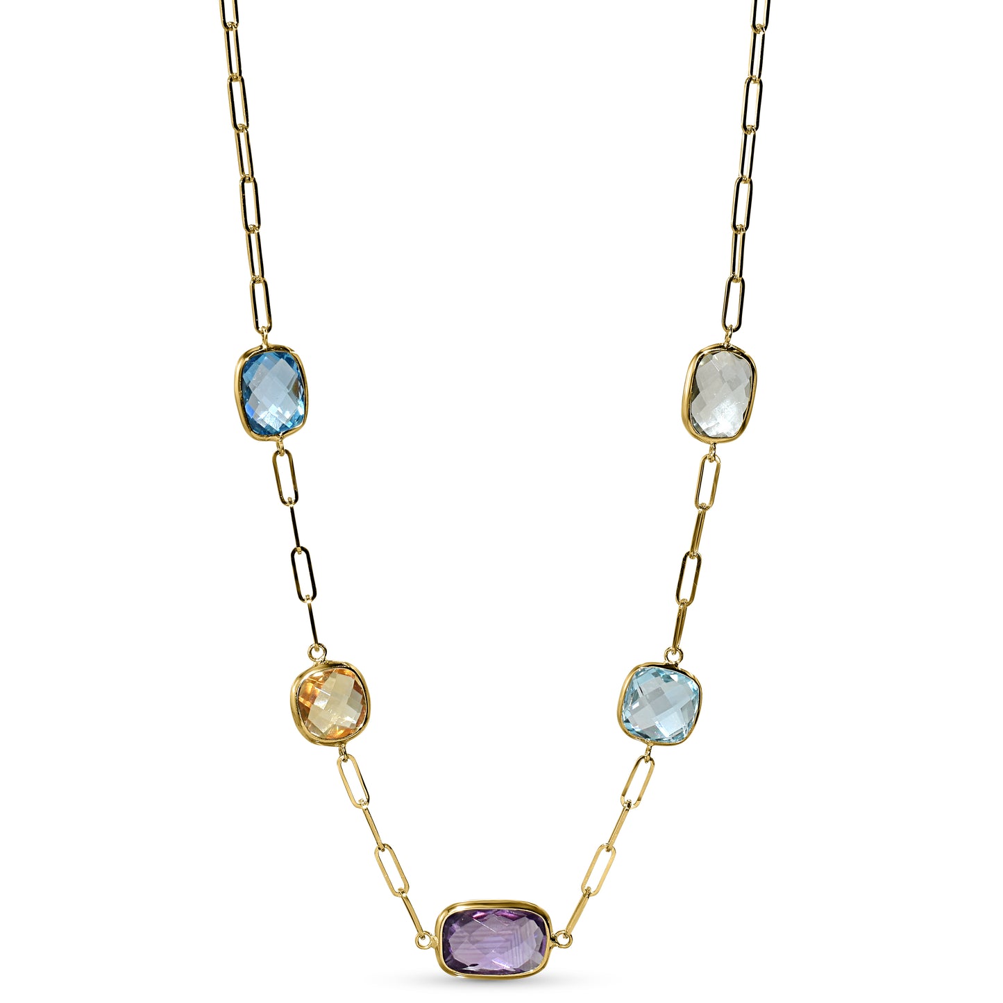 14k Multi Gemstone 5 Bezel Paperclip Necklace