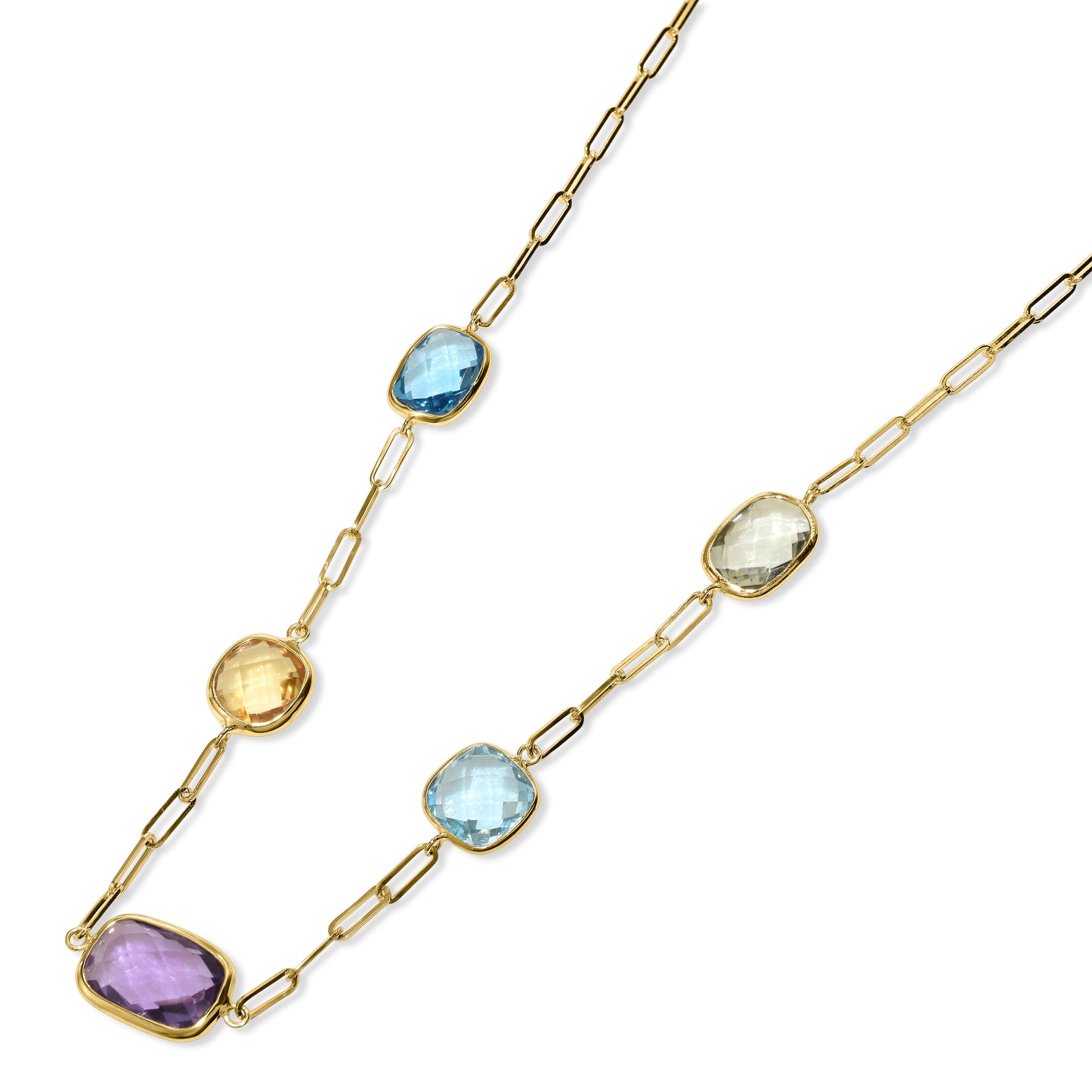 14k Multi Gemstone 5 Bezel Paperclip Necklace