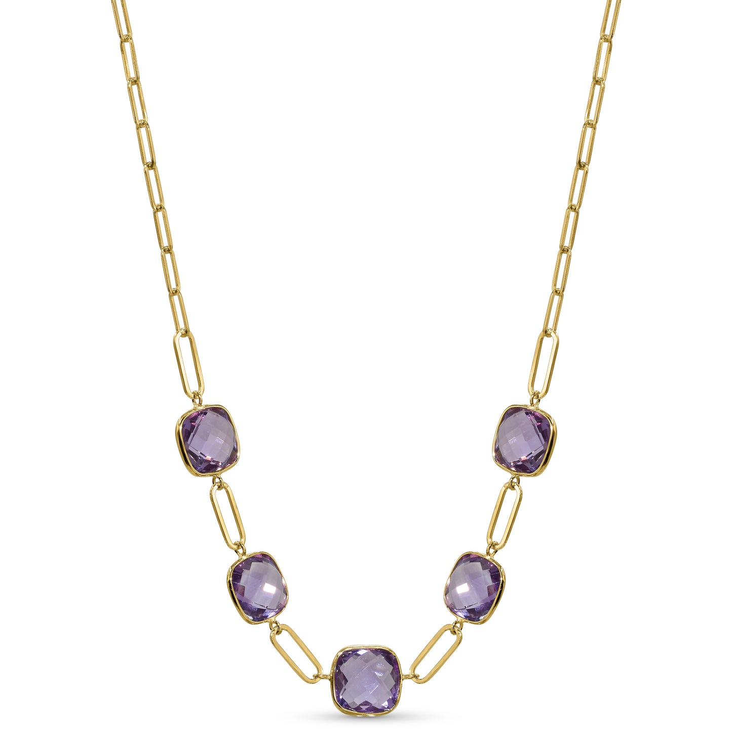 14k Amethyst 5 Cushion Bezel Paperclip Necklace