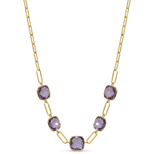 14k Amethyst 5 Cushion Bezel Paperclip Necklace