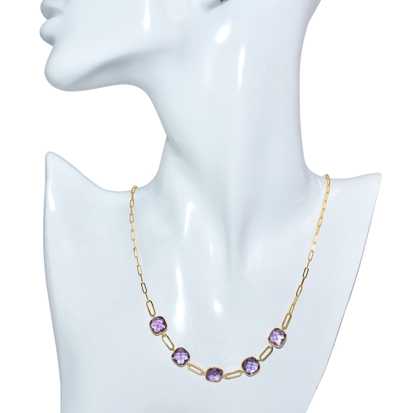 14k Amethyst 5 Cushion Bezel Paperclip Necklace