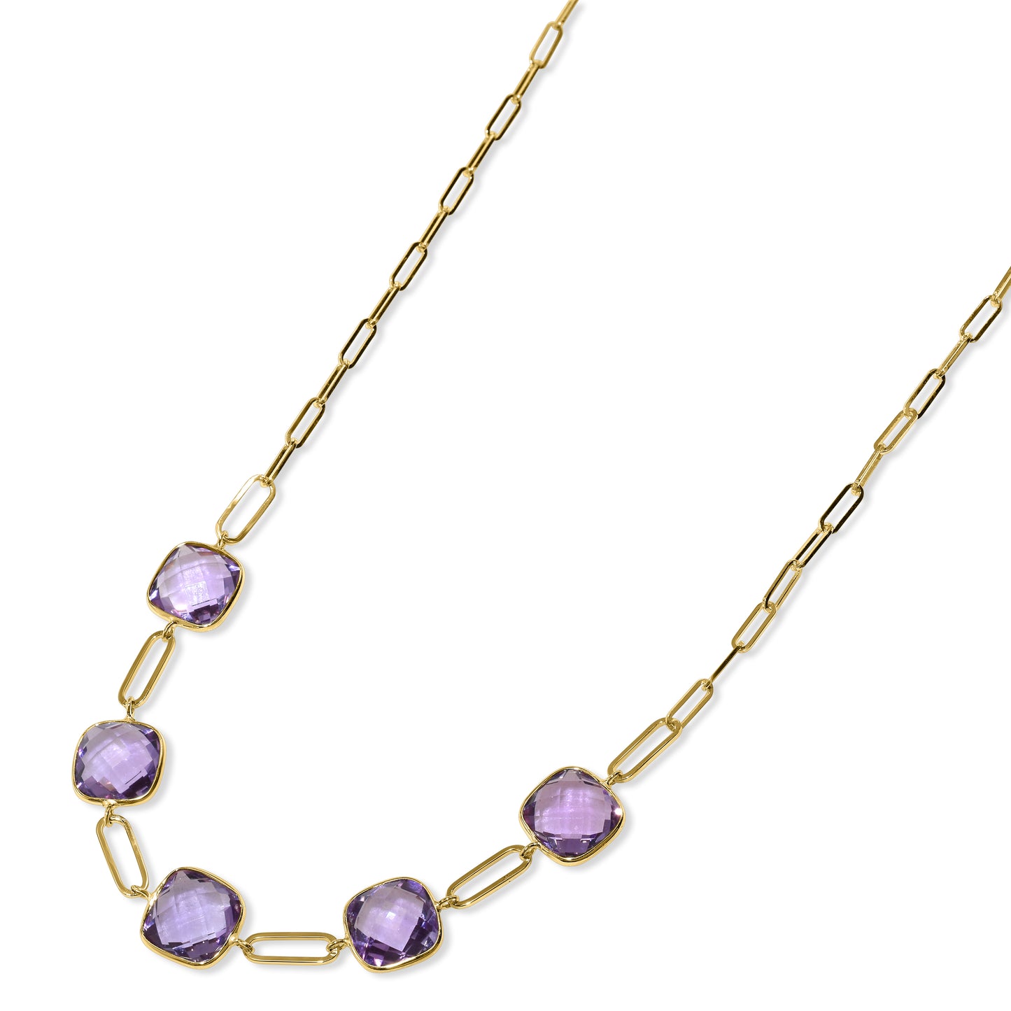 14k Amethyst 5 Cushion Bezel Paperclip Necklace