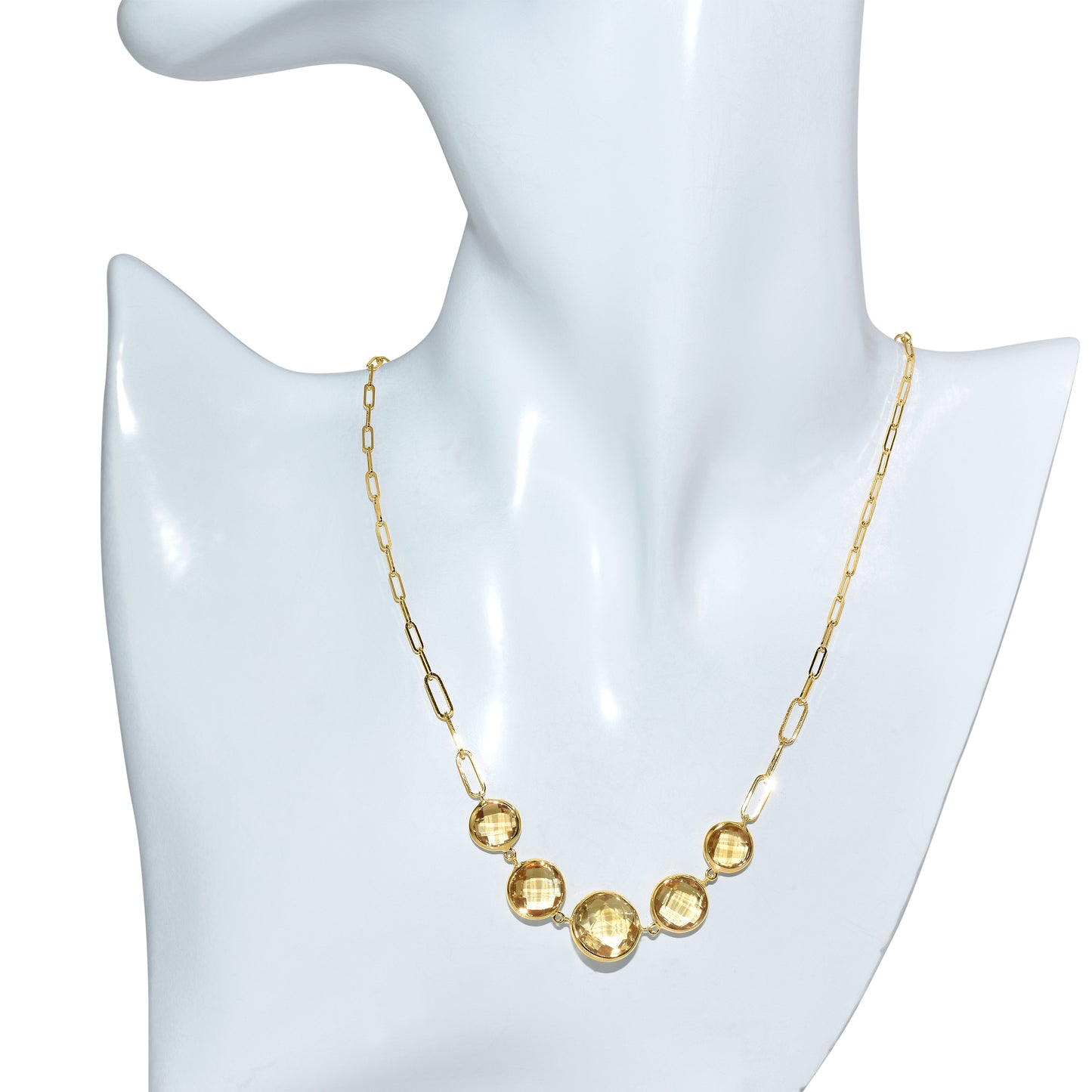 14k Citrine 5 Graduated Round Bezel Paperclip Necklace