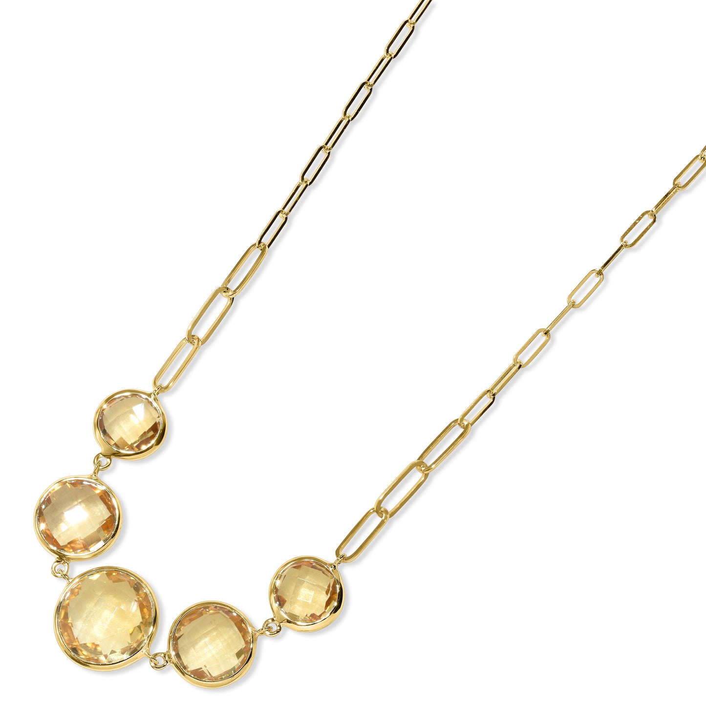 14k Citrine 5 Graduated Round Bezel Paperclip Necklace