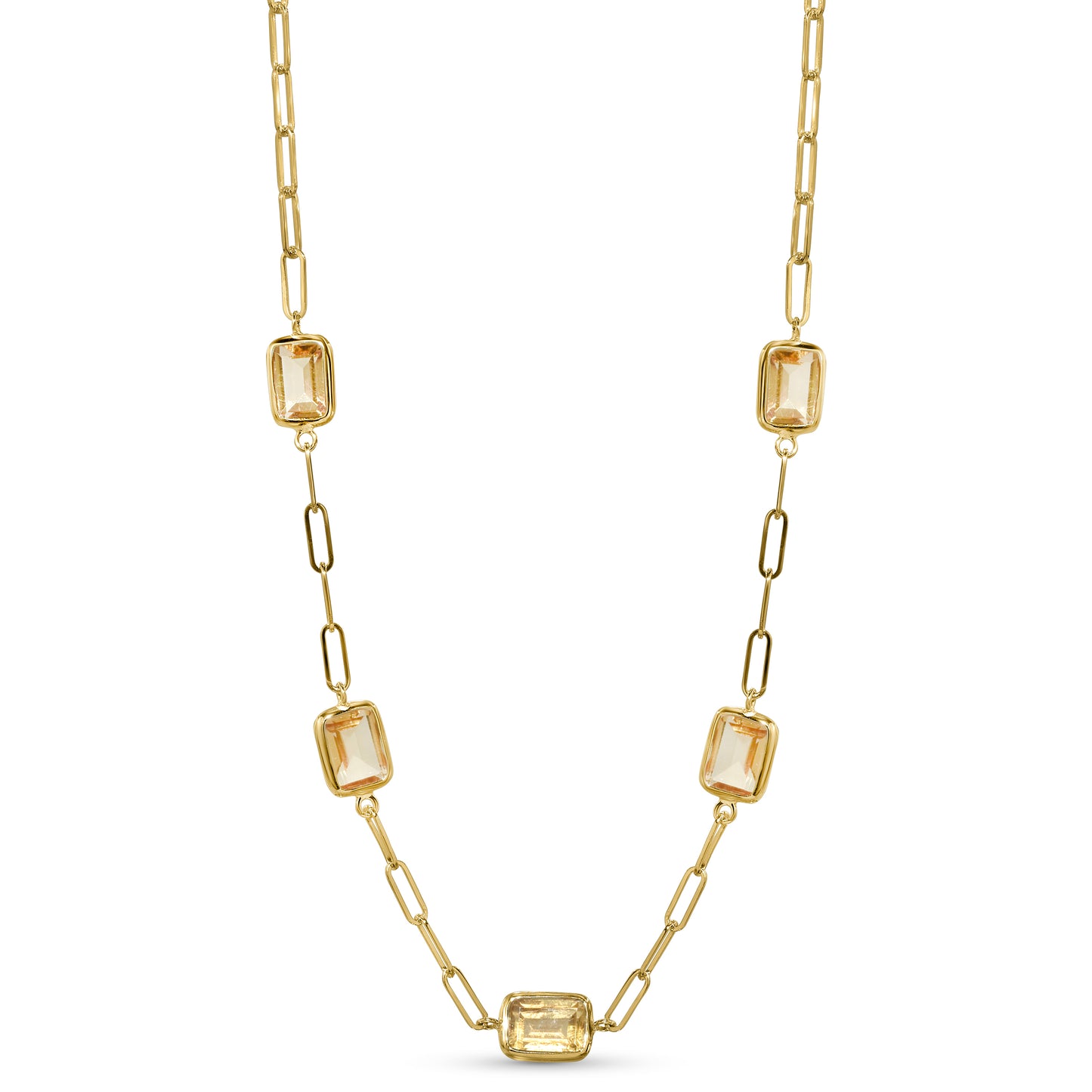 14k Citrine 5 Bezel Paperclip Necklace