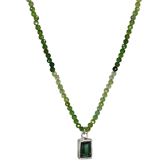 14k White Gold Green Tourmaline Faceted Round Bead with Pendant Necklace