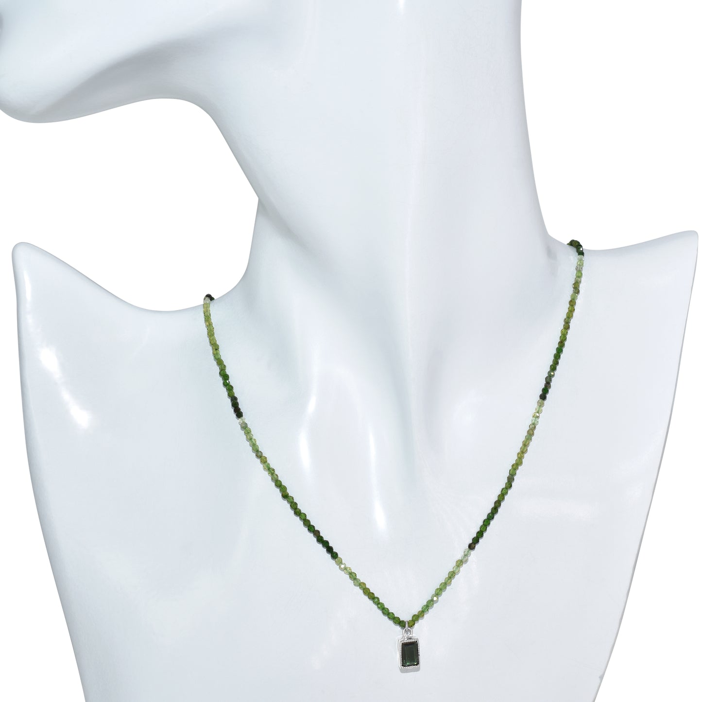 14k White Gold Green Tourmaline Faceted Round Bead with Pendant Necklace