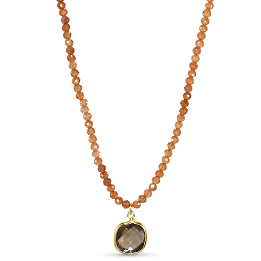 14k Yellow Garnet Smoky Quartz Pendant Necklace