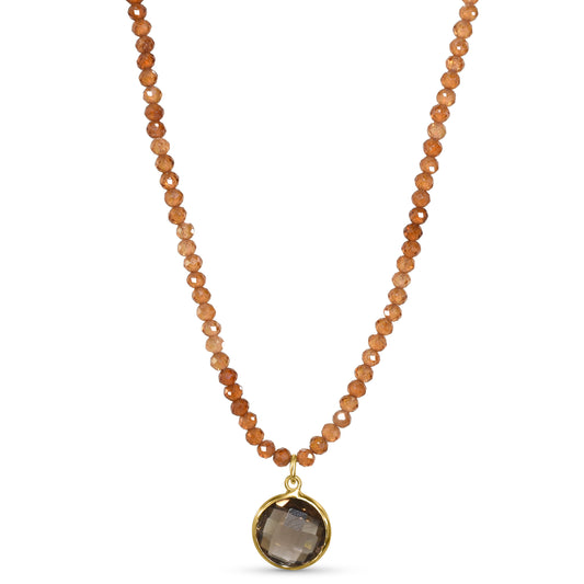 14k Yellow Garnet Smoky Quartz Round Bezel Necklace