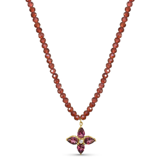 14k Garnet with Rhodolite Garnet Diamond Flower Pendant Necklace