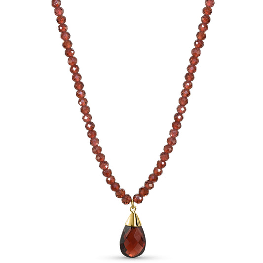 14k Garnet Faceted Round Bead with Pear Shape Pendant Necklace