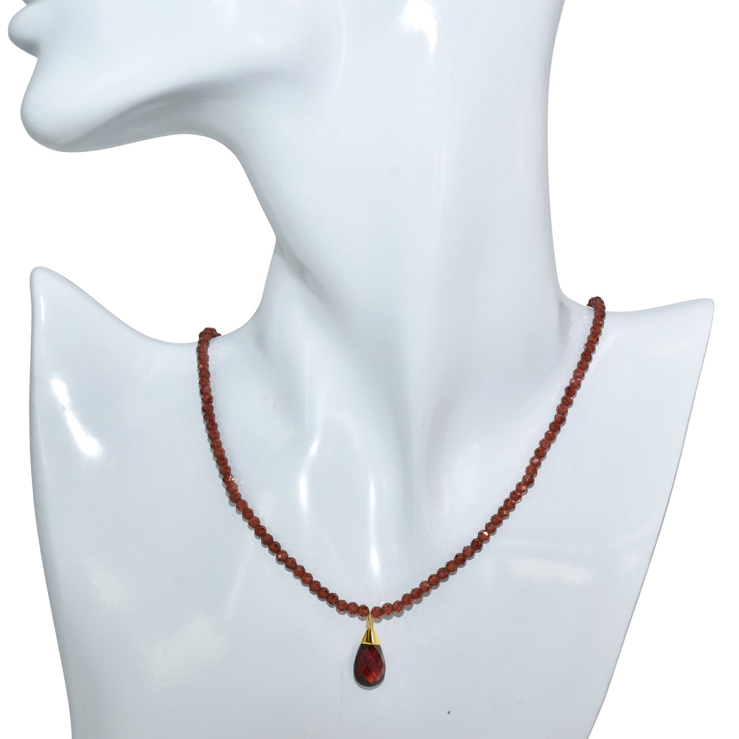 14k Garnet Faceted Round Bead with Pear Shape Pendant Necklace