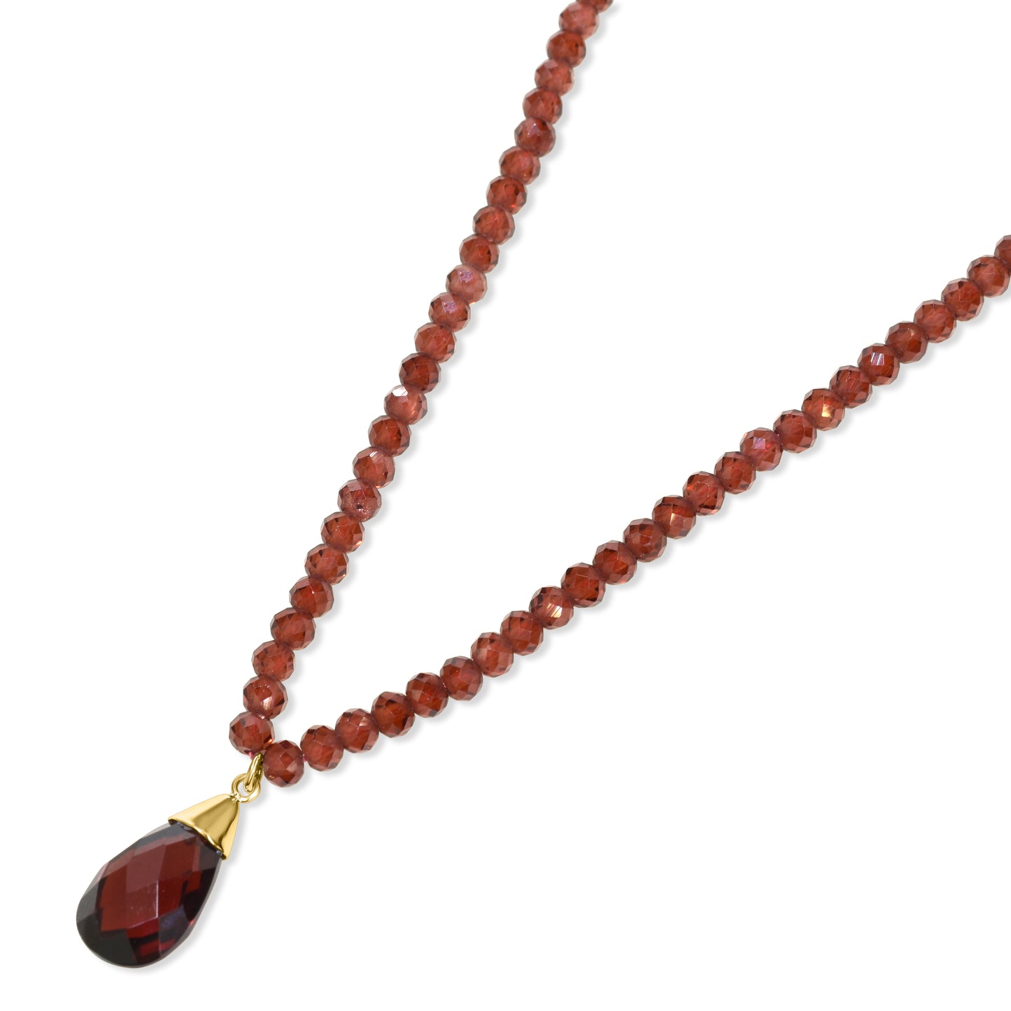 14k Garnet Faceted Round Bead with Pear Shape Pendant Necklace