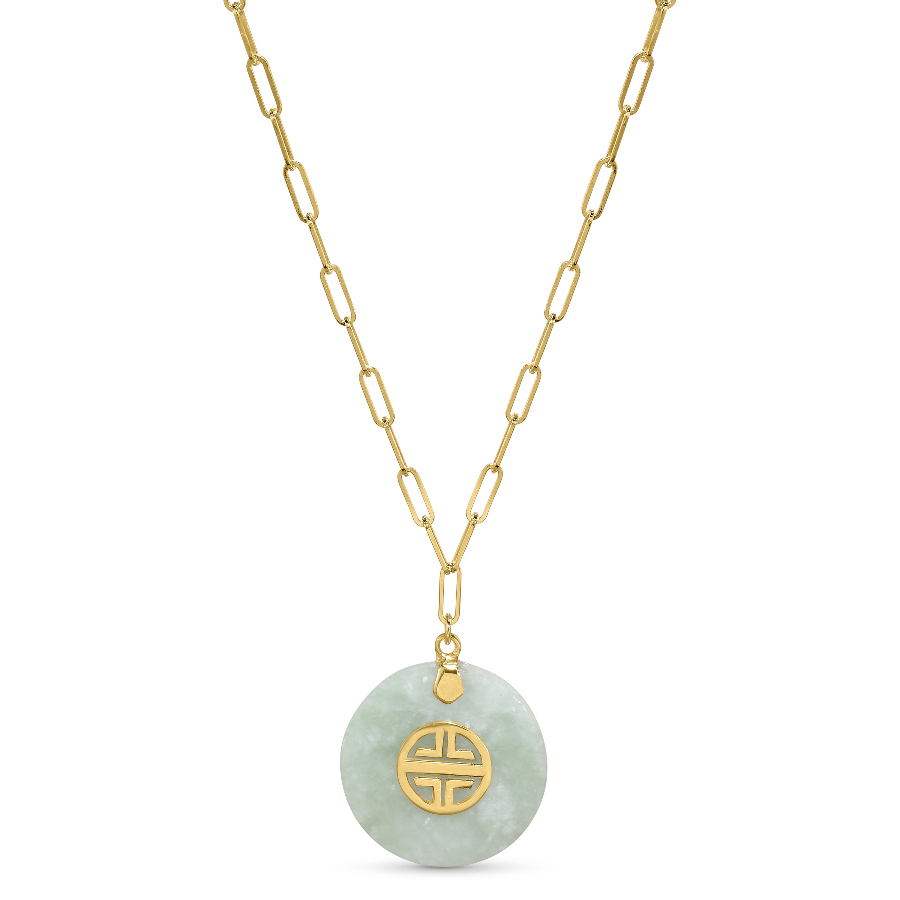 14k Natural Jade Longevity Pendant Paperclip Necklace