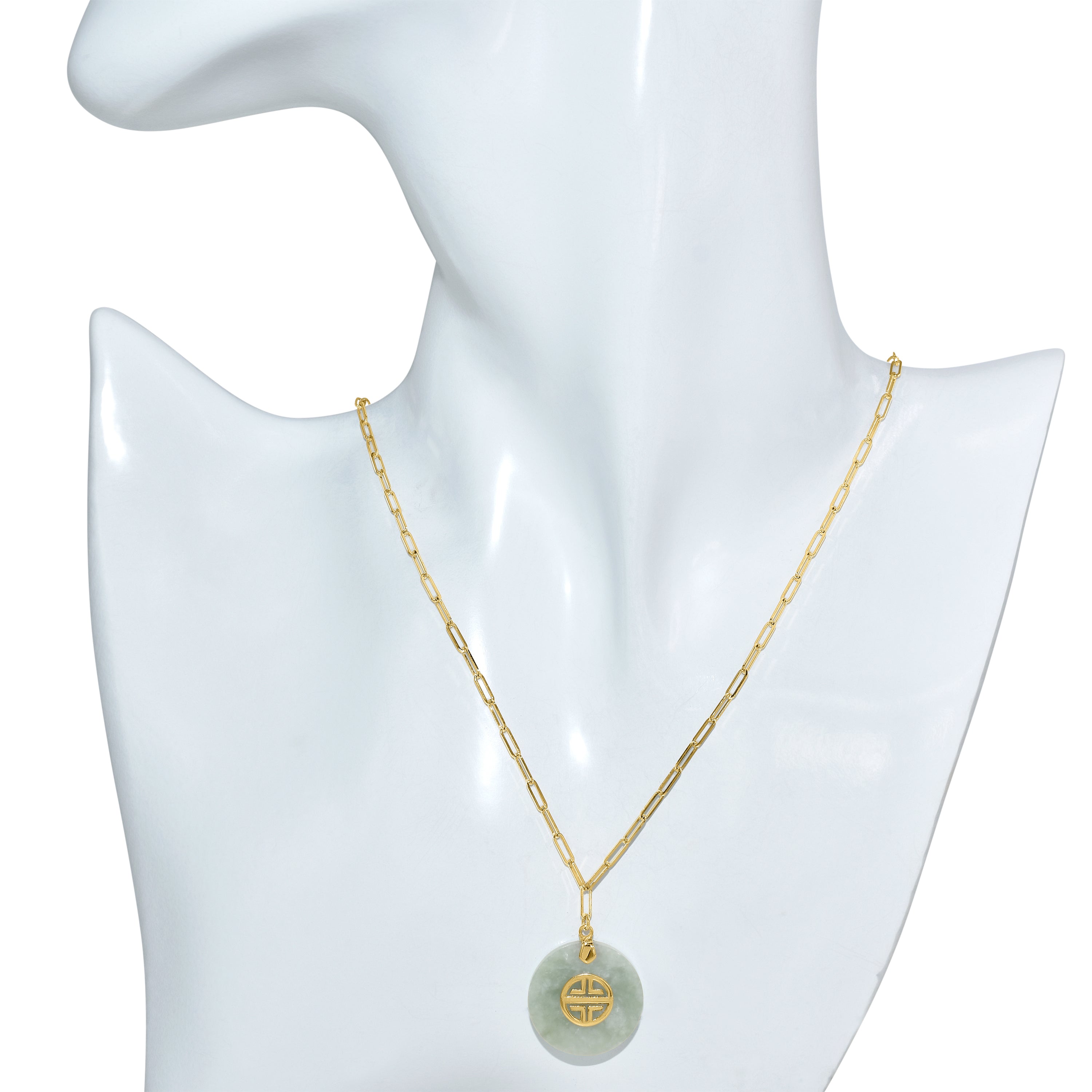 14k Natural Jade Longevity Pendant Paperclip Necklace
