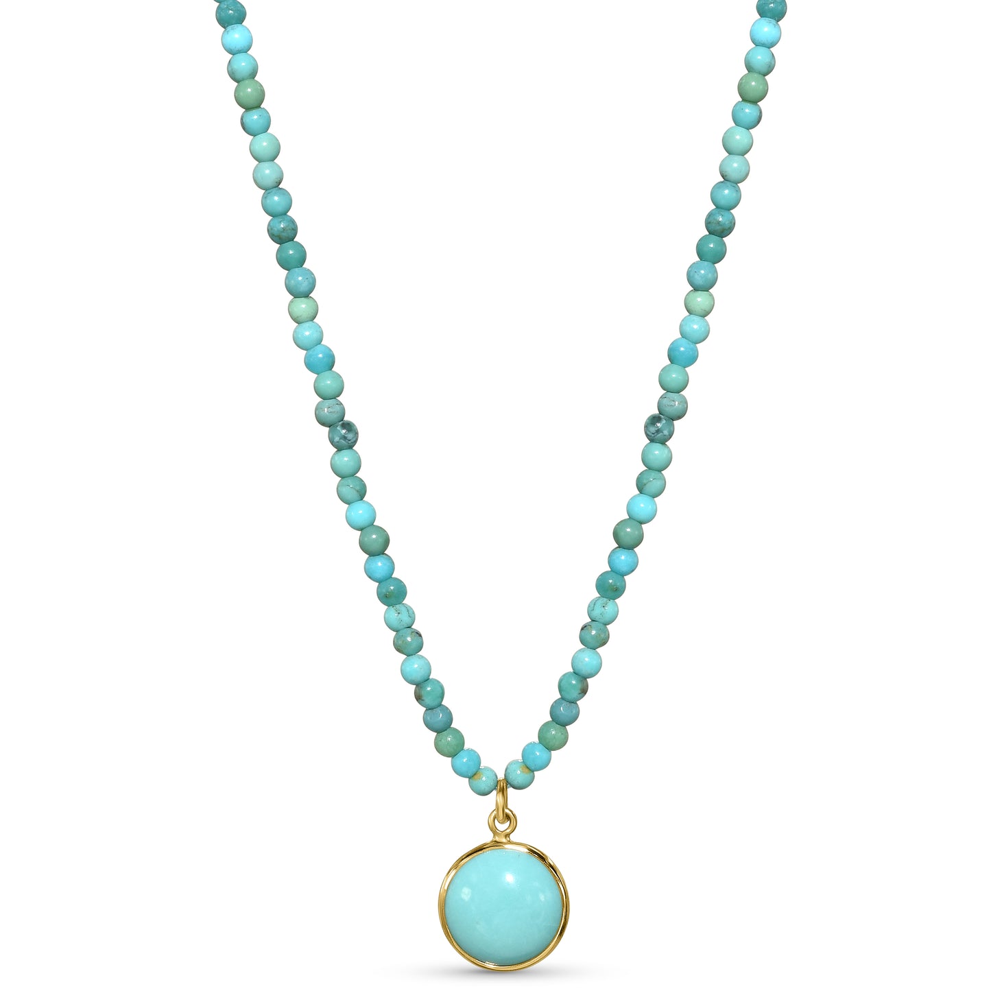 14k Turquoise Small Beads & Turquoise Round Bezel Pendant Necklace