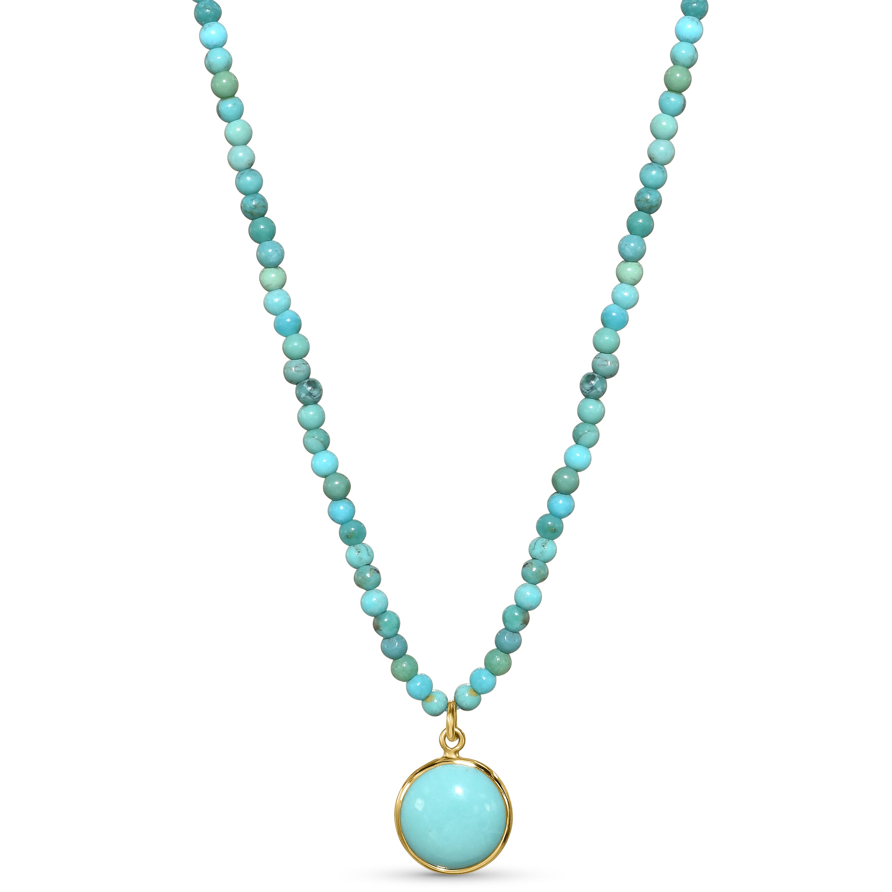 14k Turquoise Small Beads & Turquoise Round Bezel Pendant Necklace