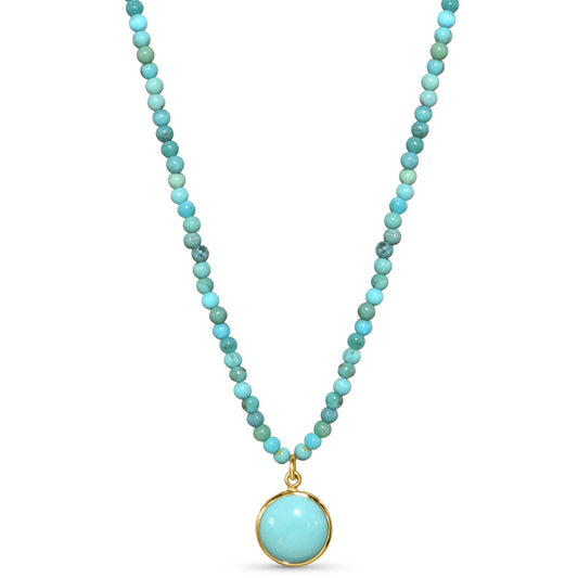 14k Turquoise Small Beads & Turquoise Round Bezel Pendant Necklace