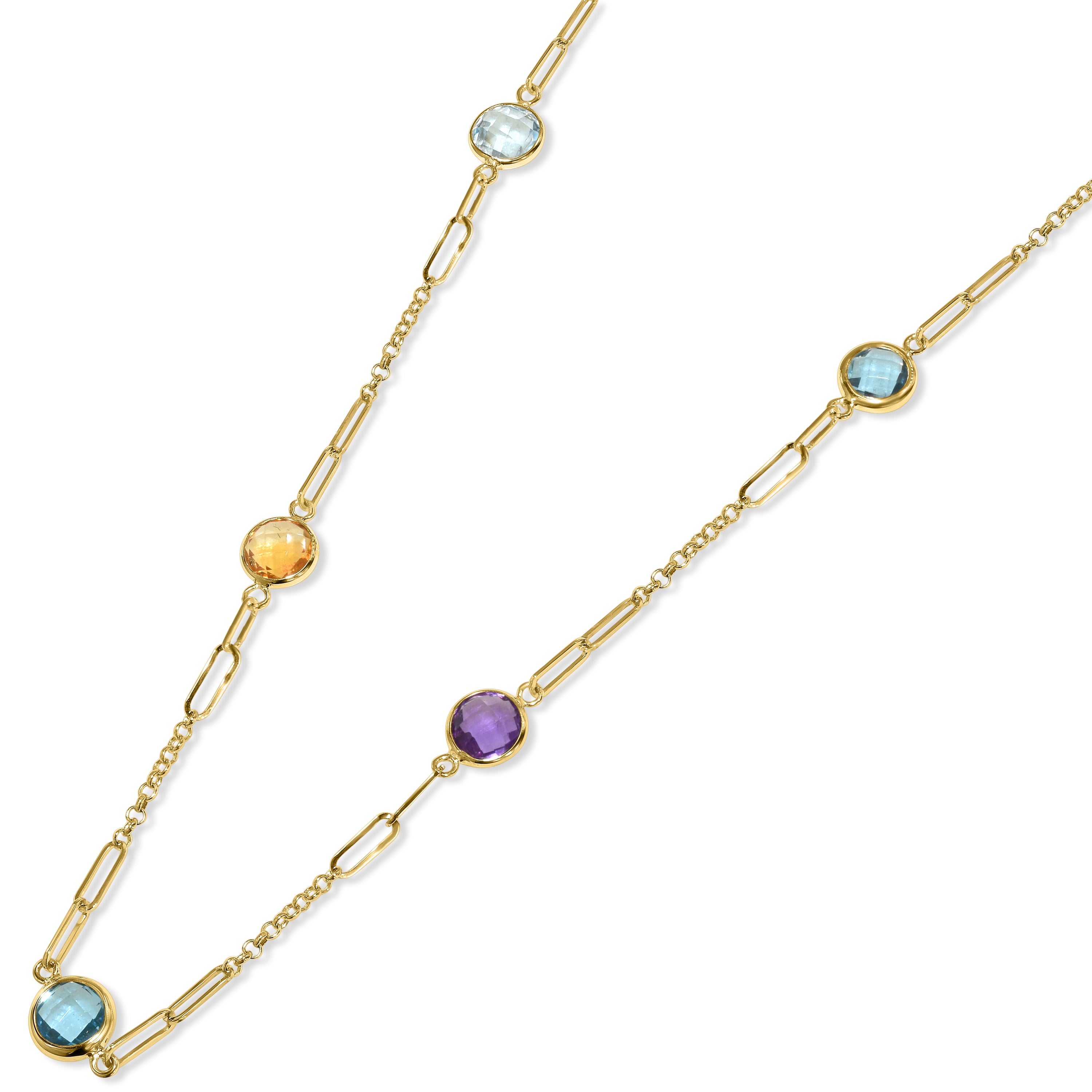 14k Multi Gemstone 5 Round Bezel Station Necklace
