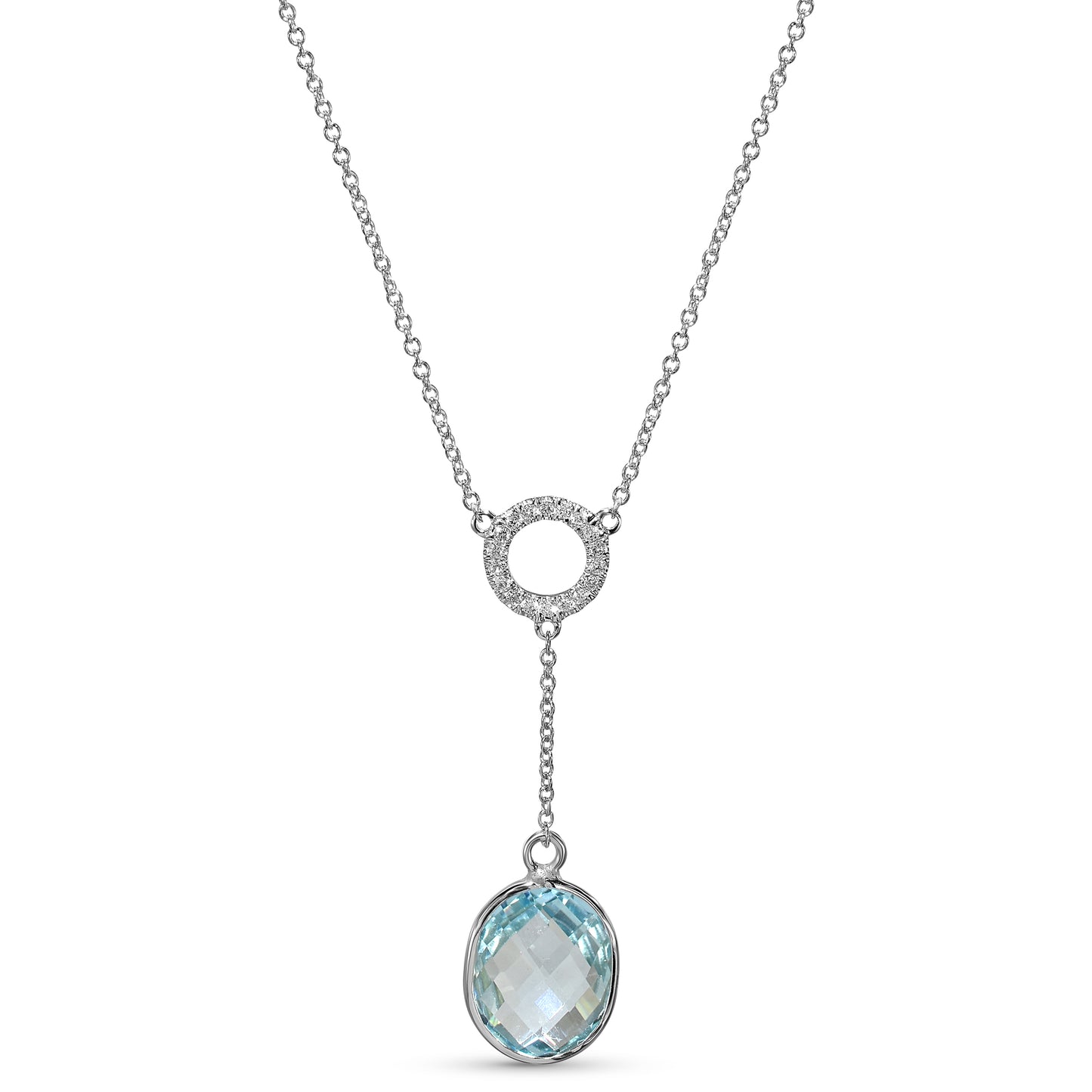 14k White Gold Blue Topaz Diamond Circle Y Necklace