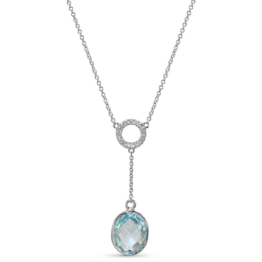 14k White Gold Blue Topaz Diamond Circle Y Necklace