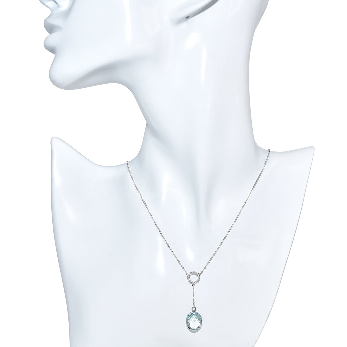14k White Gold Blue Topaz Diamond Circle Y Necklace