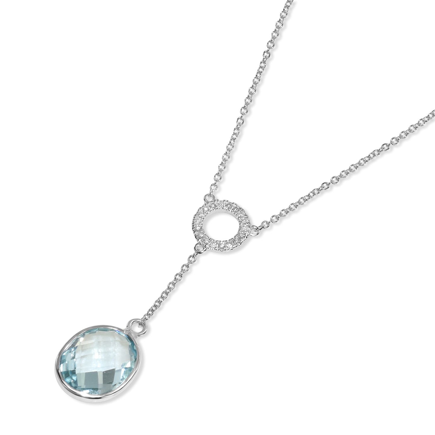 14k White Gold Blue Topaz Diamond Circle Y Necklace