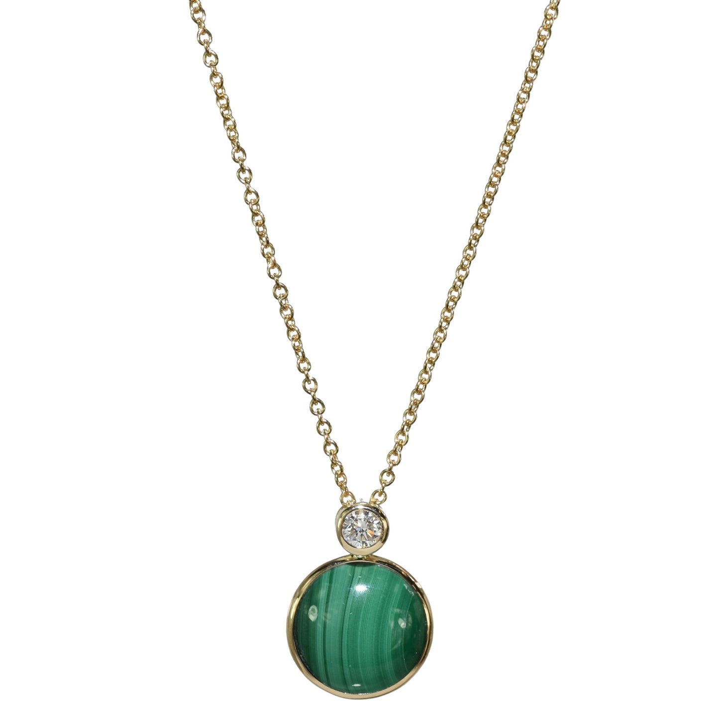 14k Malachite or Green Jade & Diamond Round Bezel Pendant Necklace