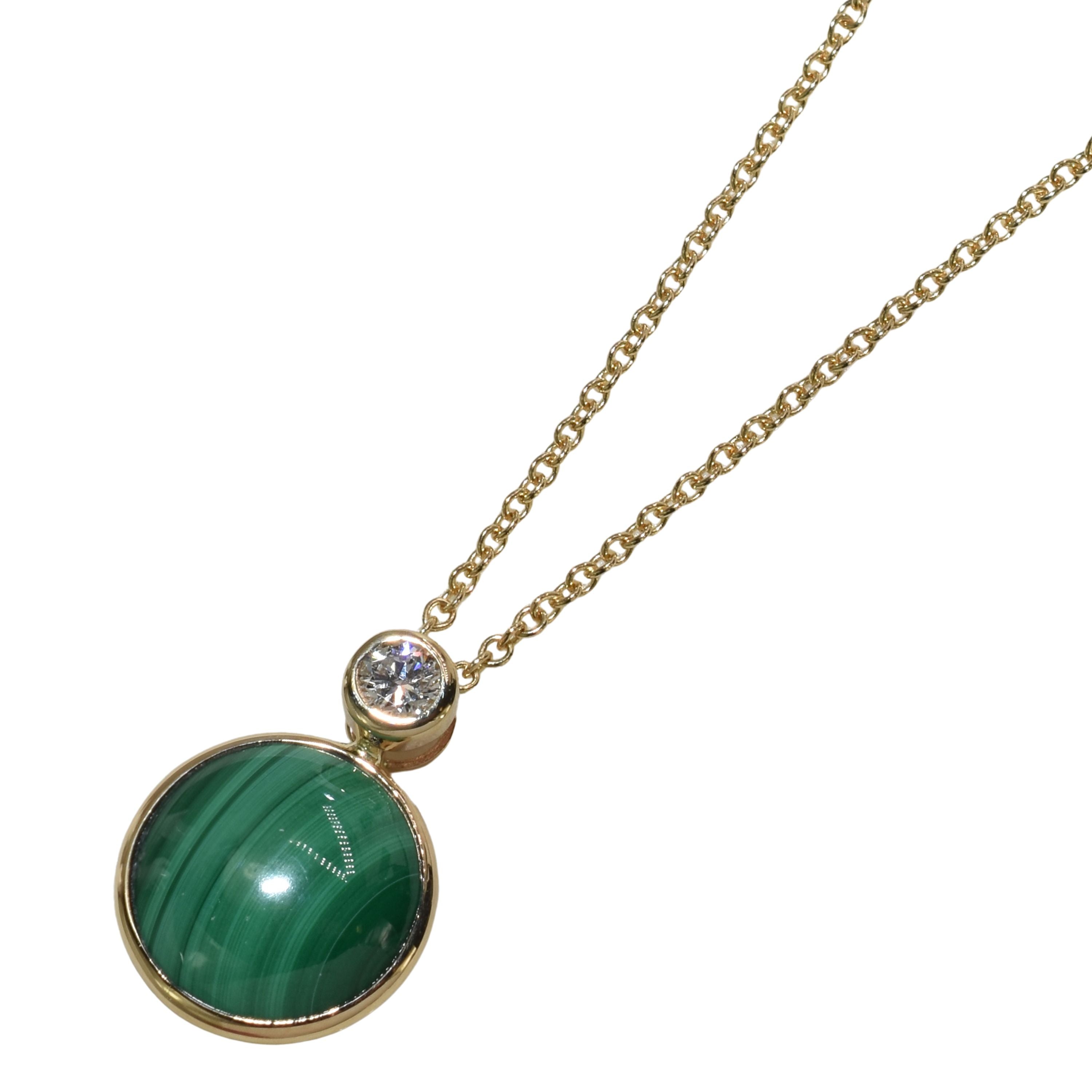14k Malachite or Green Jade & Diamond Round Bezel Pendant Necklace