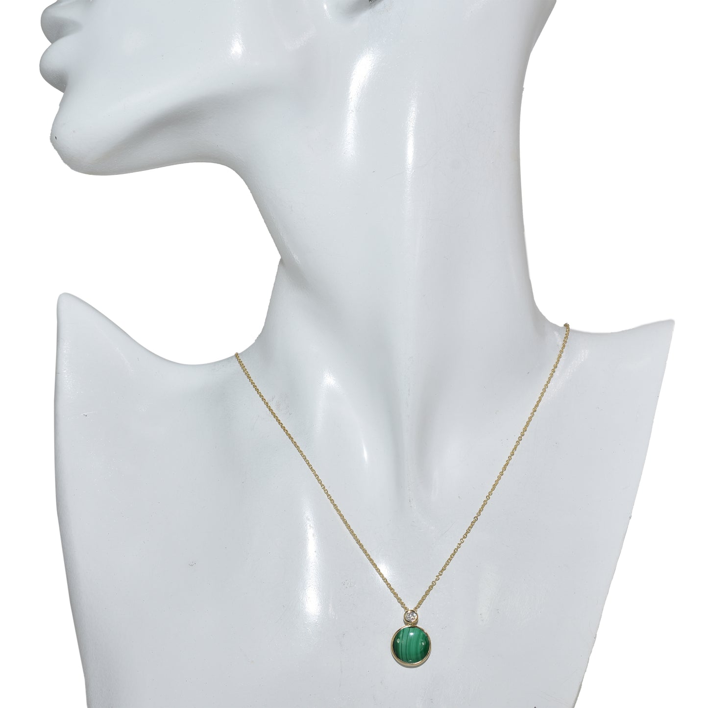 14k Malachite or Green Jade & Diamond Round Bezel Pendant Necklace