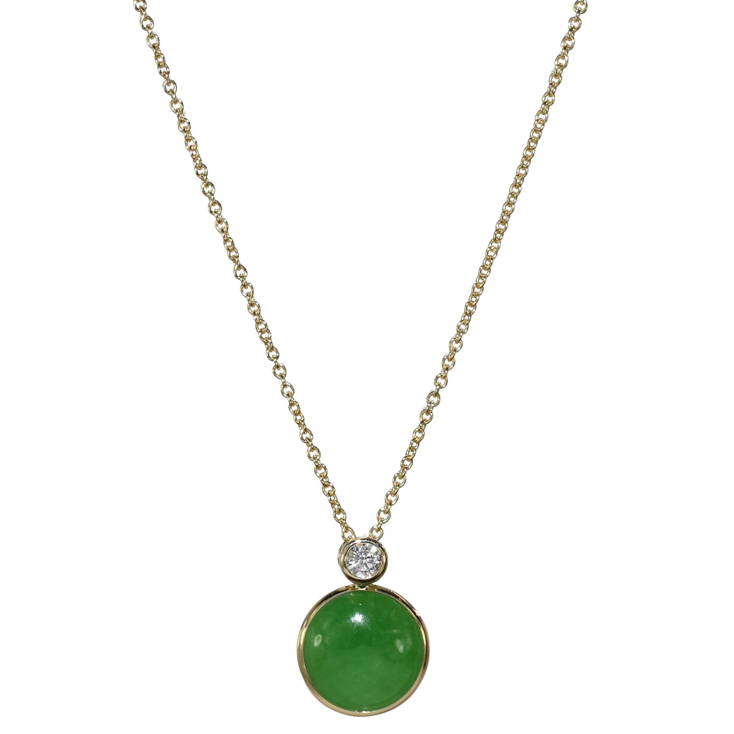 14k Malachite or Green Jade & Diamond Round Bezel Pendant Necklace
