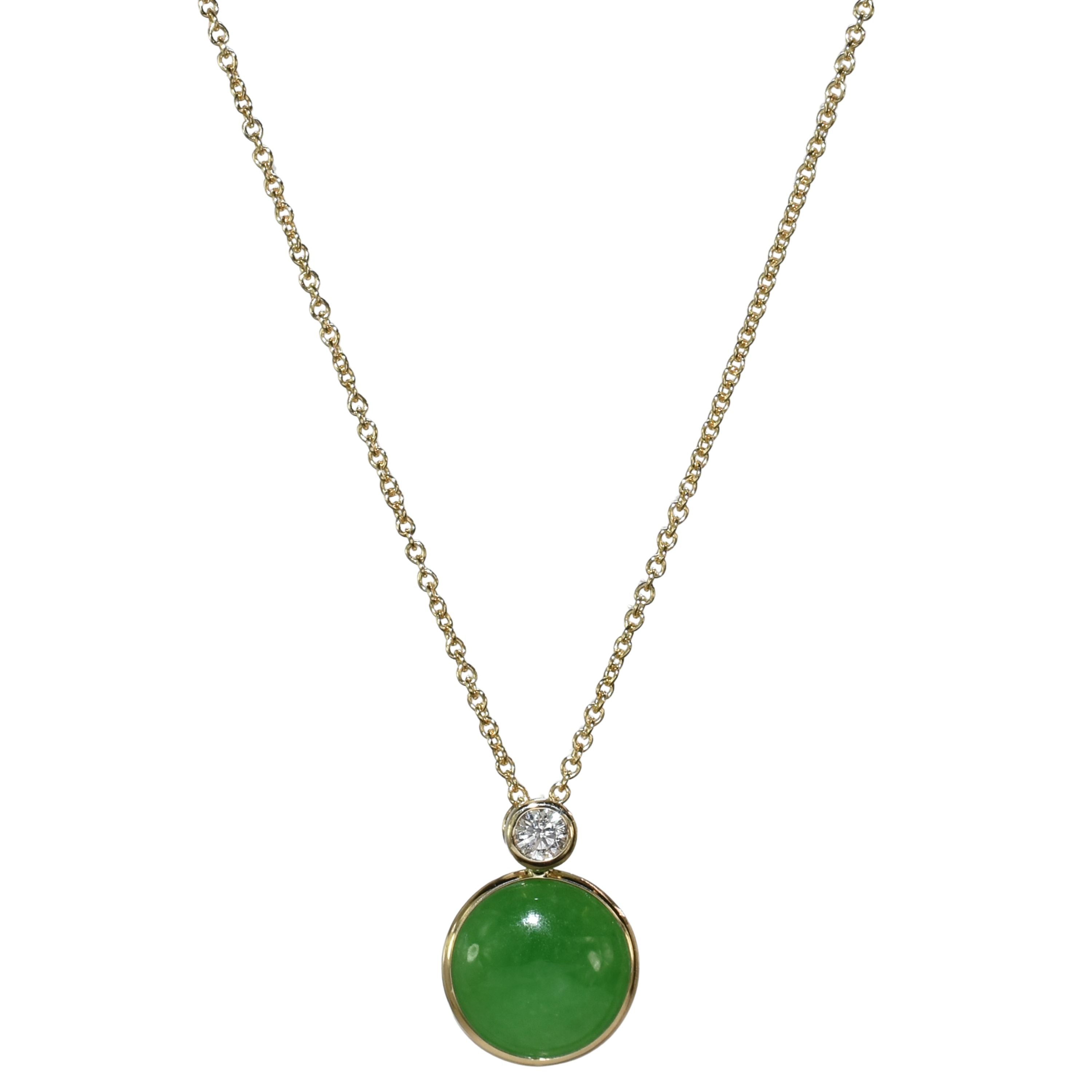 14k Malachite or Green Jade & Diamond Round Bezel Pendant Necklace