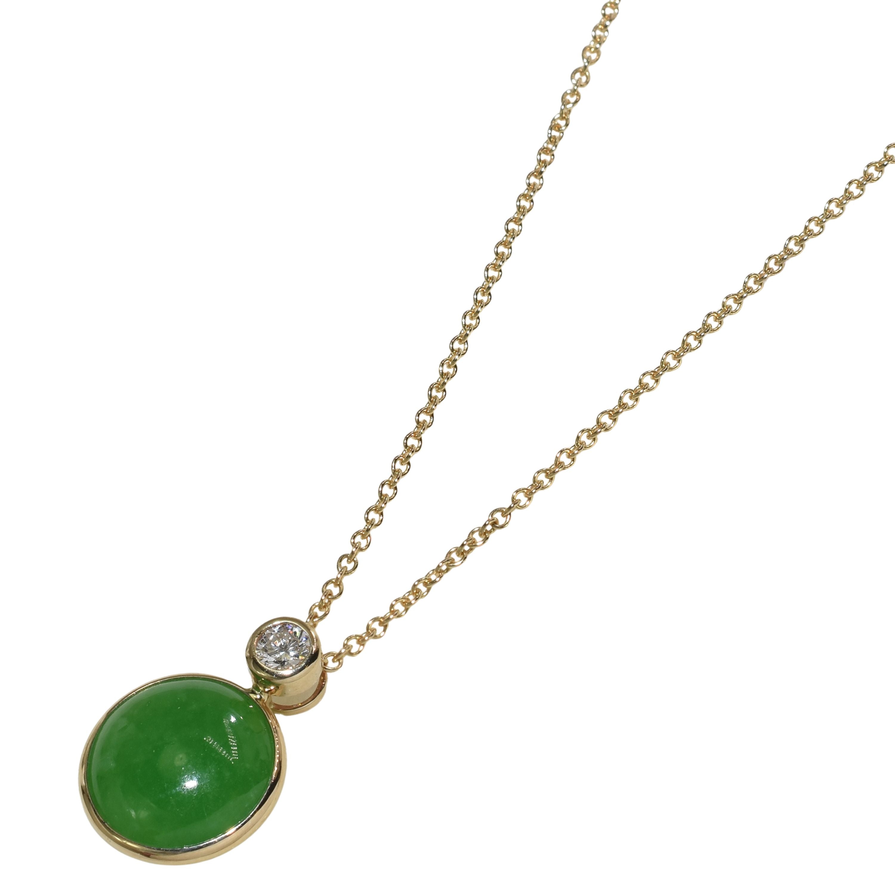14k Malachite or Green Jade & Diamond Round Bezel Pendant Necklace