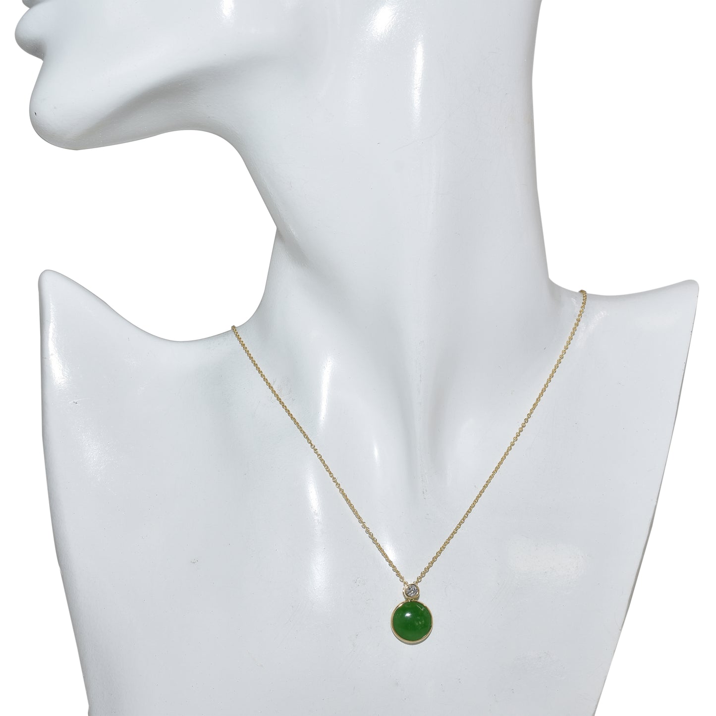14k Malachite or Green Jade & Diamond Round Bezel Pendant Necklace