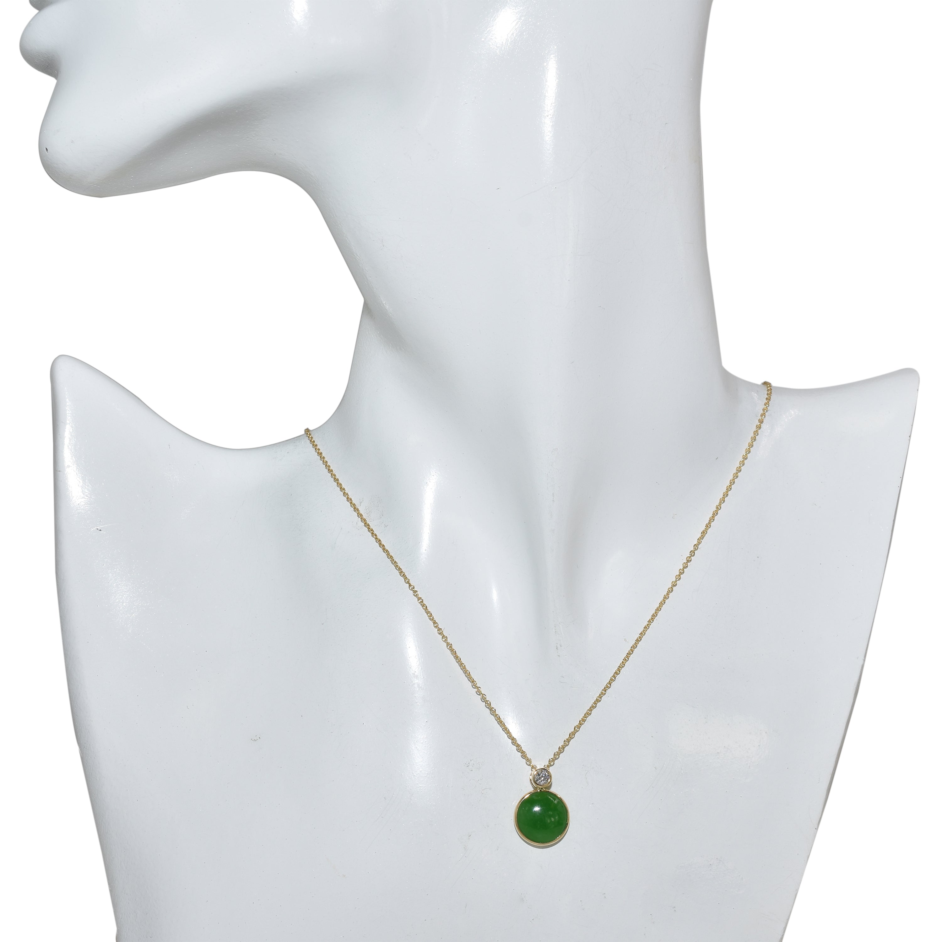 14k Malachite or Green Jade & Diamond Round Bezel Pendant Necklace