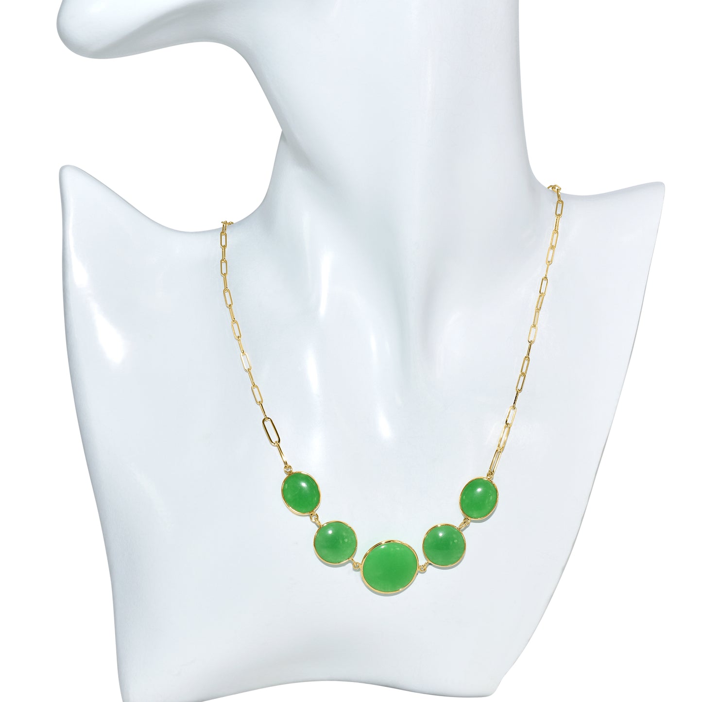 14k Green Jade 5 Bezel Paperclip Chain Necklace
