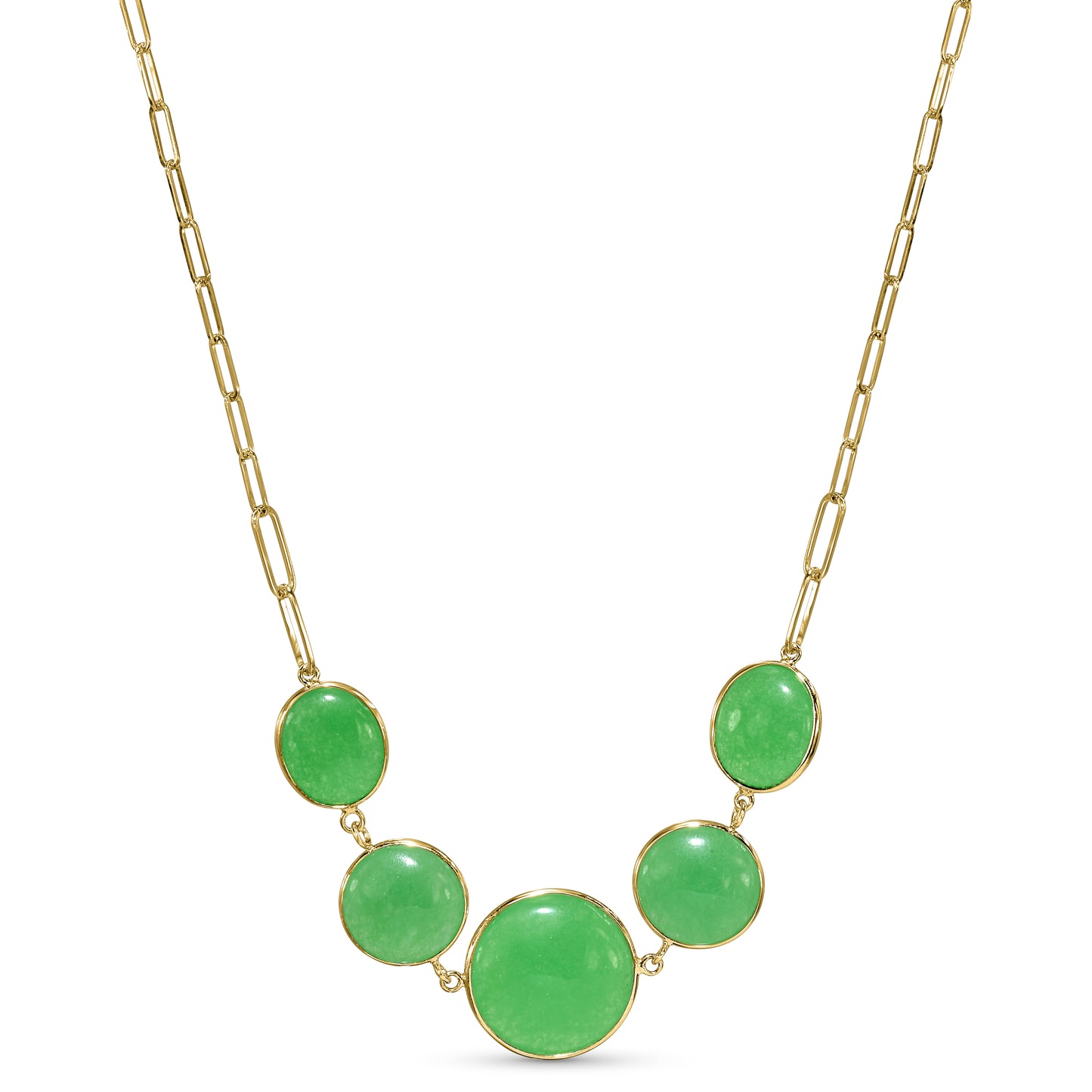 14k Green Jade 5 Bezel Paperclip Chain Necklace