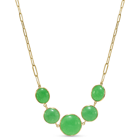 14k Green Jade 5 Bezel Paperclip Chain Necklace