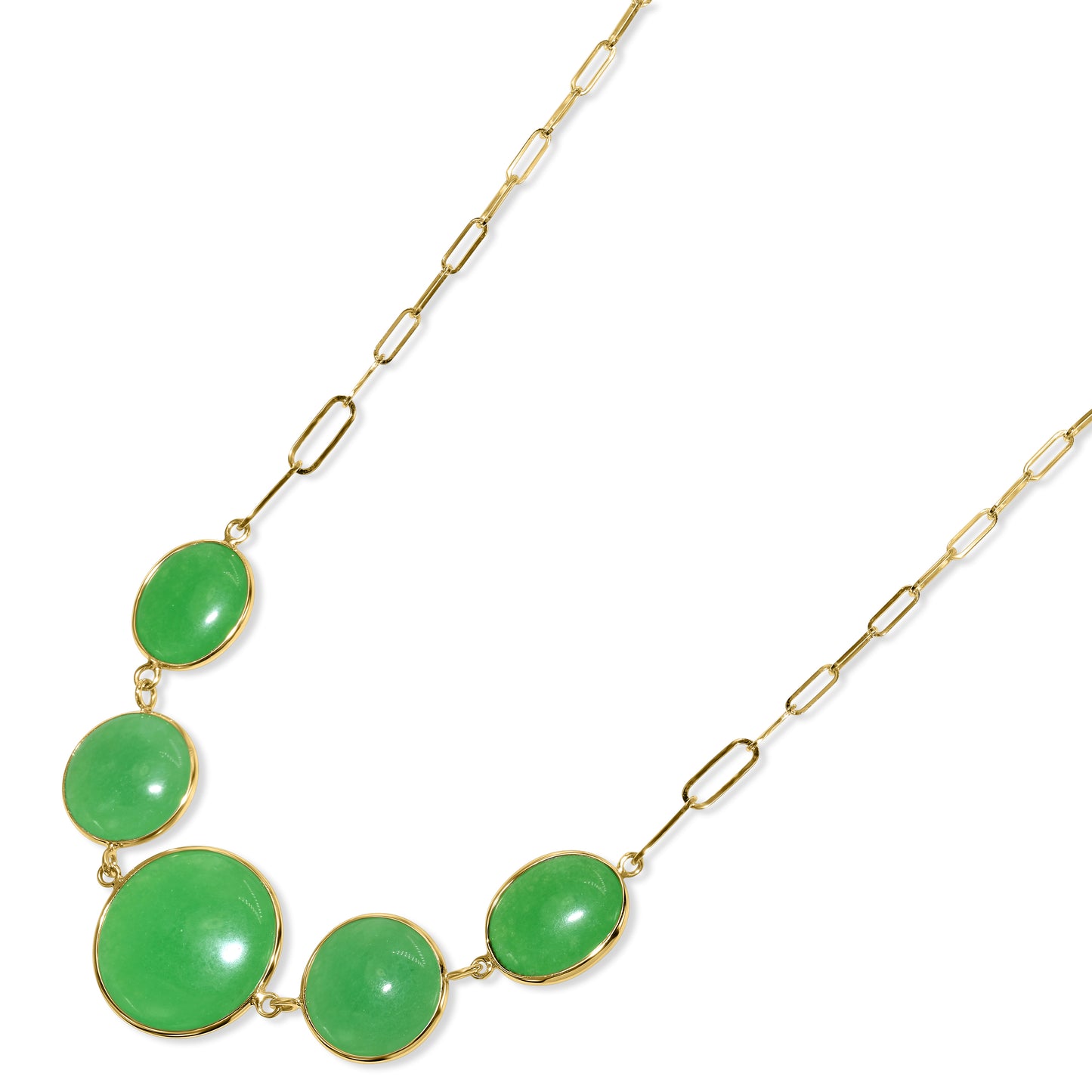 14k Green Jade 5 Bezel Paperclip Chain Necklace